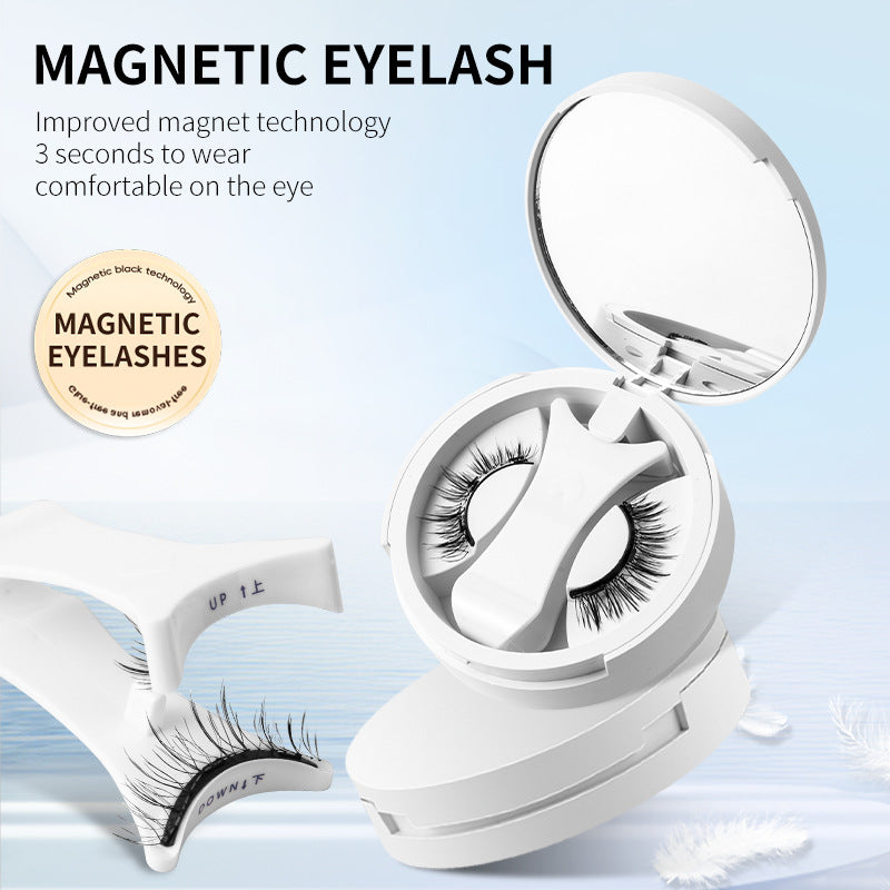 Magnetic eyelashes in a white case with text on a light blue background