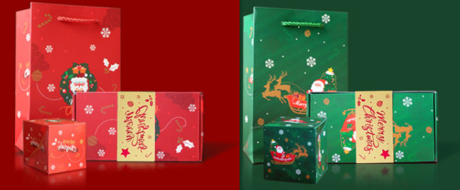 Premium collection of red and green Christmas surprise gift boxes and packaging bags, including small bounce boxes