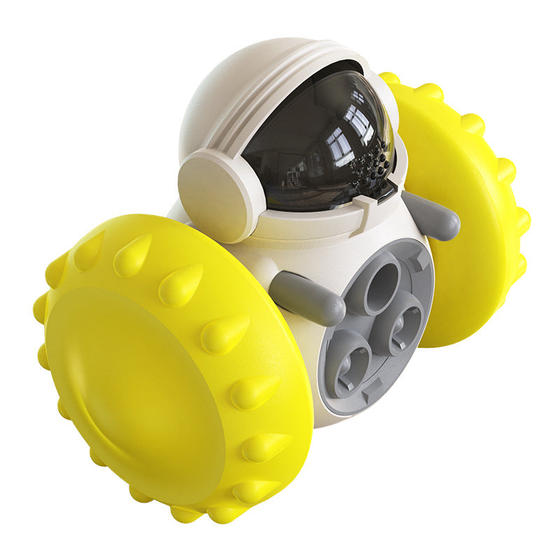Toy robot with yellow wheels and a white body on a white background