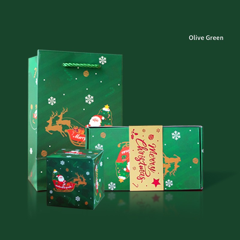 Set of Christmas-themed gift boxes and bags with Santa Claus and reindeer design on a green background.
