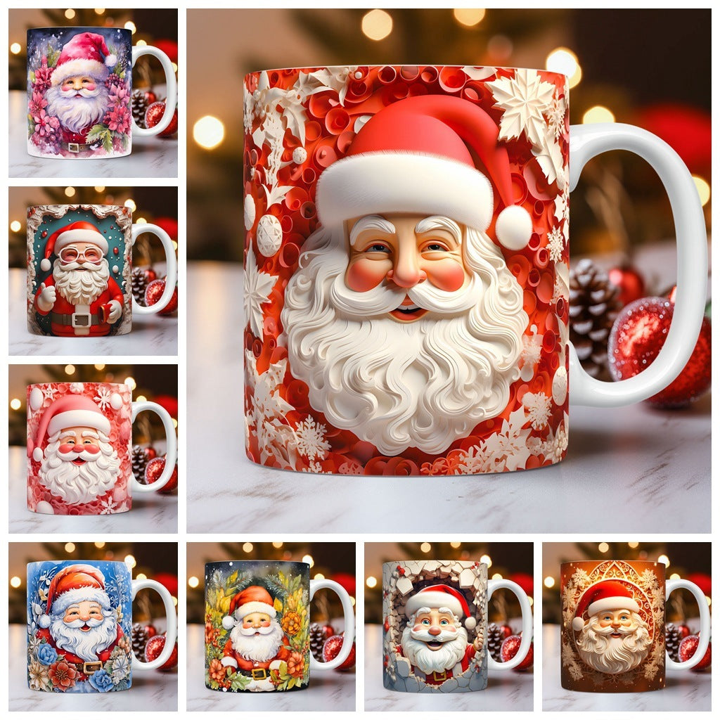Collage of Christmas-themed mugs with Santa Claus designs on a blurred background.