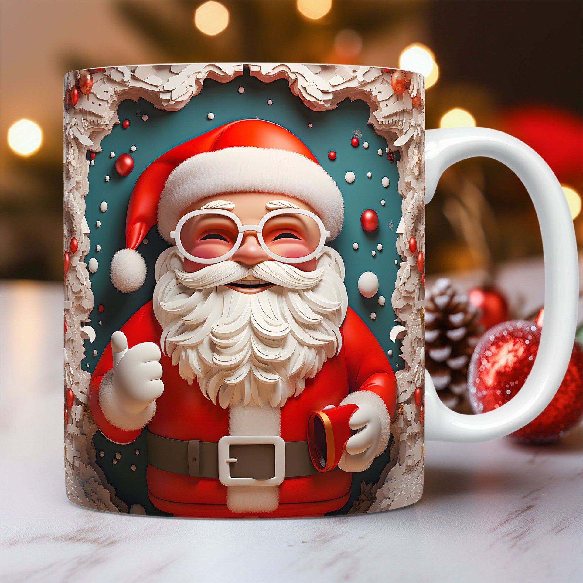 Mug with a design of Santa Claus on a blurred Christmas-themed background