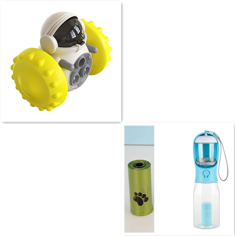 Toy robot with yellow wheels, green waste bag holder, and clear water bottle with blue cap on a white background.