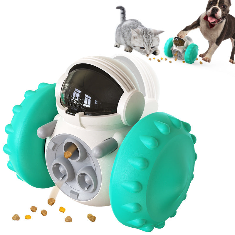 Pet toy with wheels and a camera, surrounded by pets on a white background