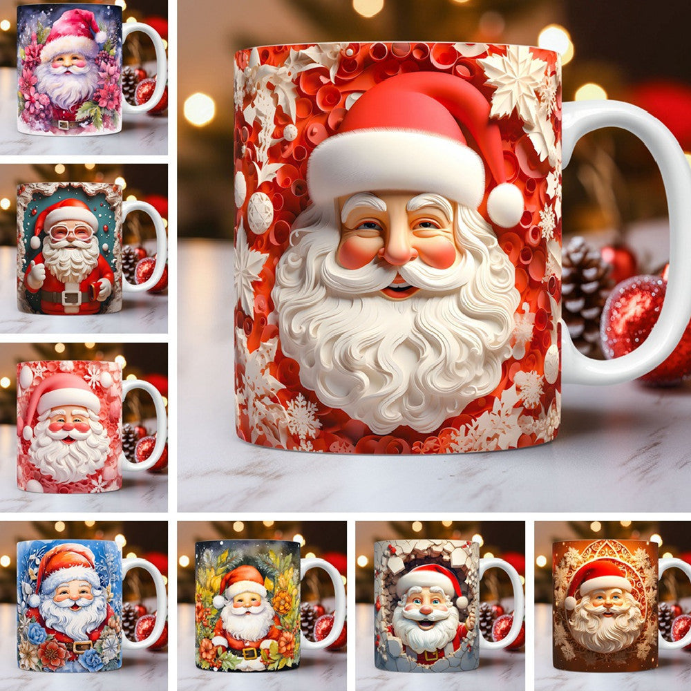 Collage of Christmas-themed mugs with Santa Claus designs on a blurred background.