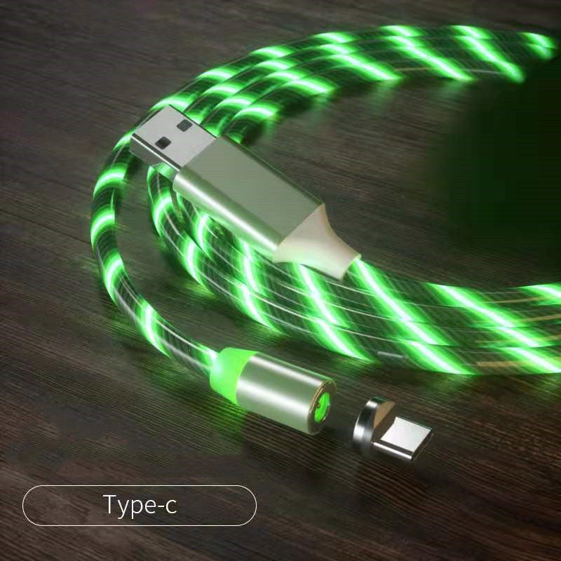Green LED cable with USB and Type-C connectors on a wooden surface