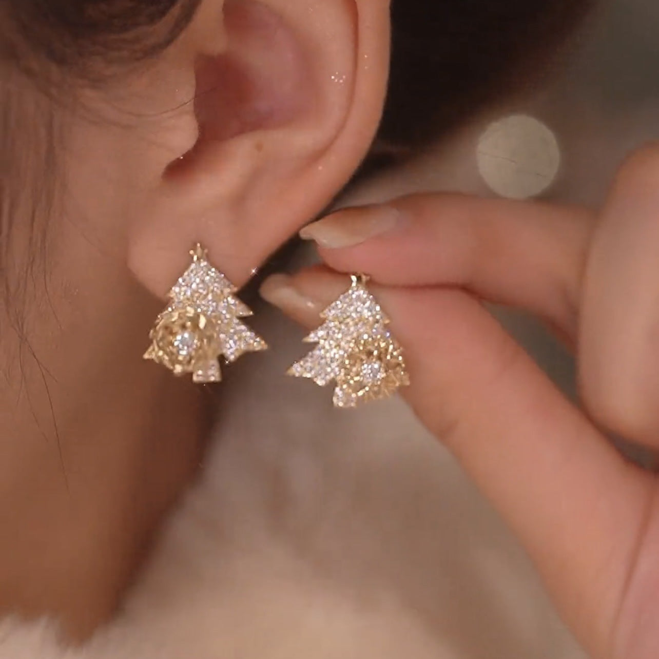 Product Close-up: Rotatable Christmas Tree Rhinestone Stud Earrings - Gold