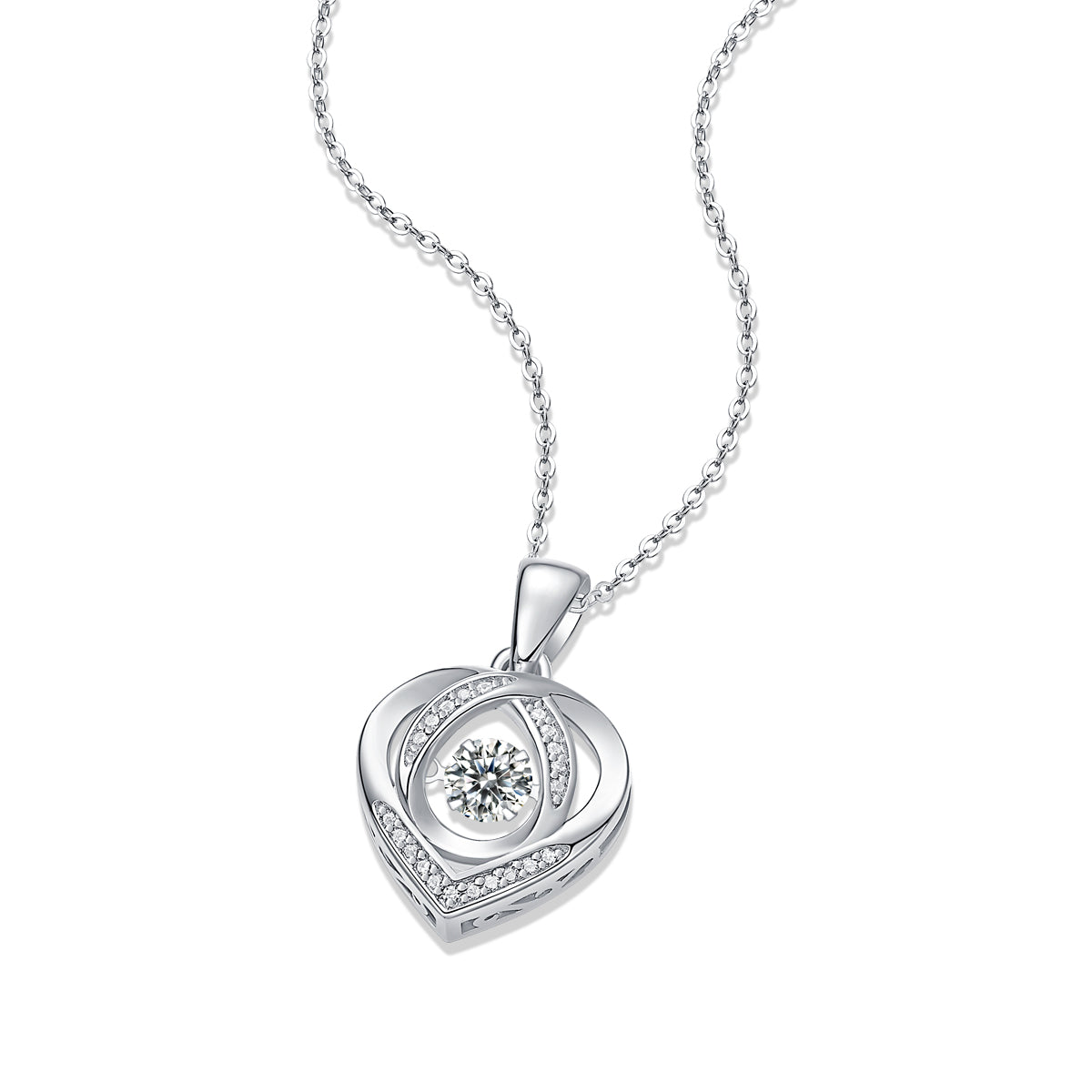 Silver heart-shaped pendant necklace with a clear gemstone on a white background