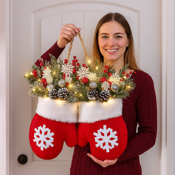 Woman holding Lighted Christmas Door Wreath