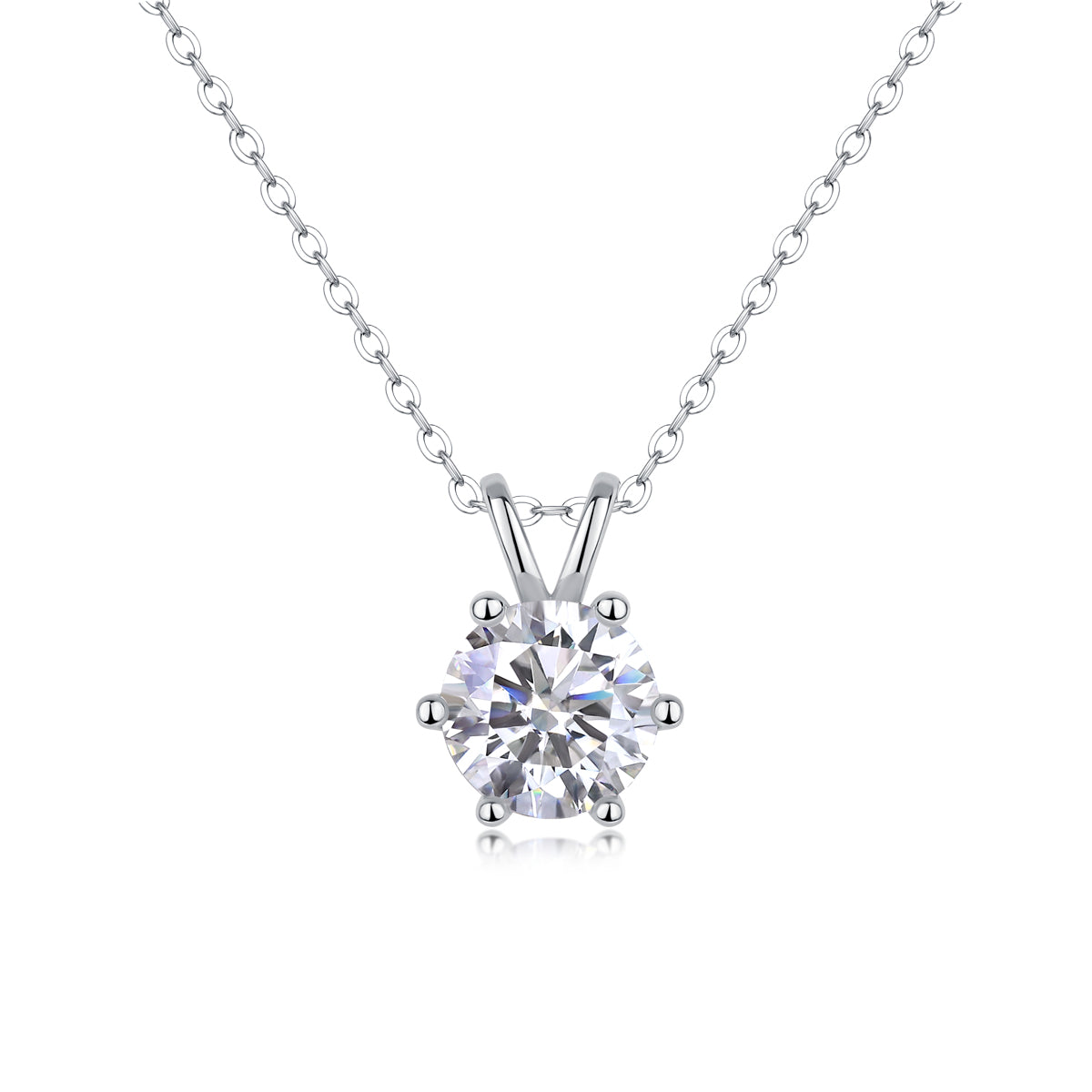 "6-prong round cut Moissanite pendant necklace in S925 silver on white background"