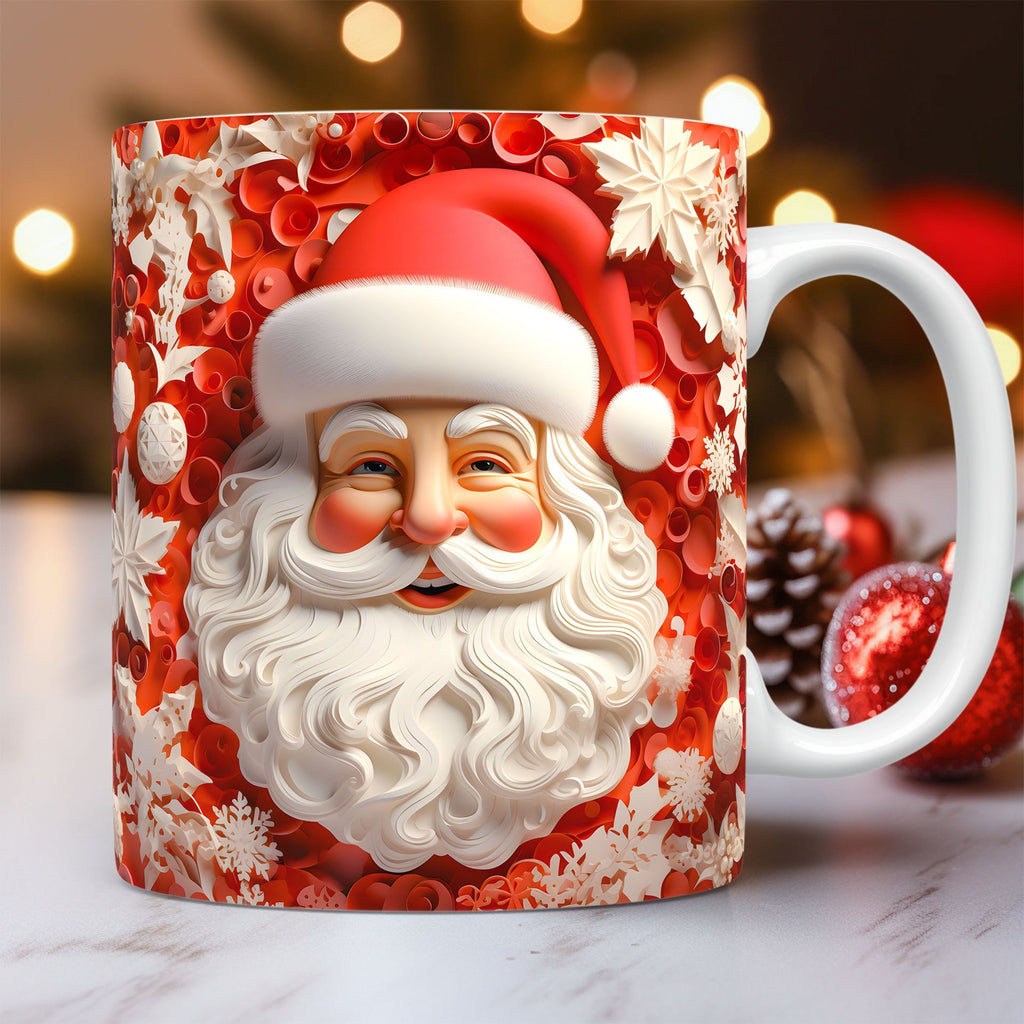 Mug with Santa Claus design on a blurred Christmas background
