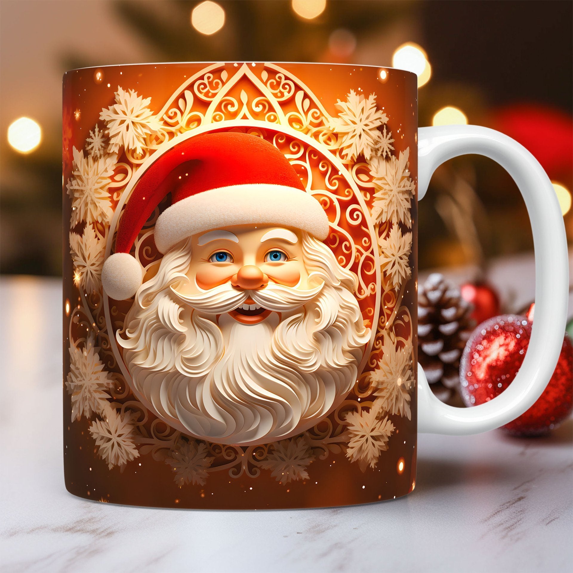 3D Christmas Ceramic Mug with Santa and Snowman design. Perfect holiday gift for coffee and hot chocolate lovers.