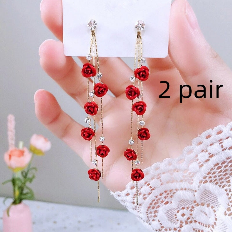 Flower Long Earrings Wild Red Rose Flower Long Rhinestone Tassel Earrings Earrings