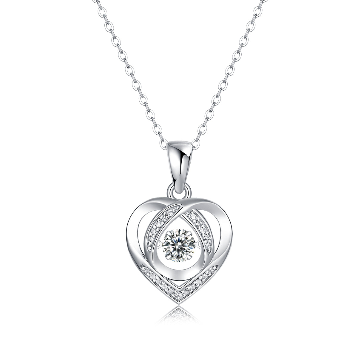 Silver heart-shaped pendant with a diamond on a white background
