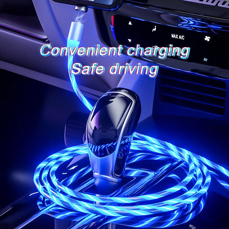 Powerful magnetic LED charging cable used in car for safe one-hand driving and glow-in-the-dark visibility.