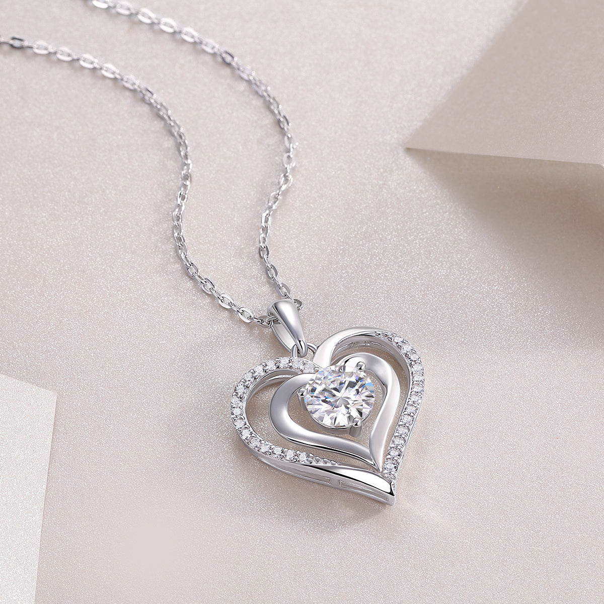 Luxury Diamond Accented Double Heart Silver Necklace Gift