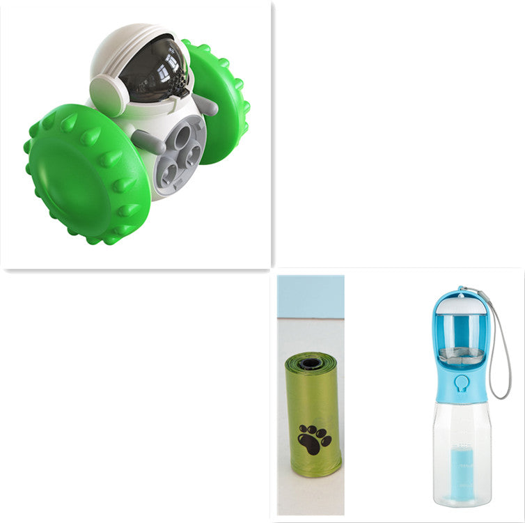 Collage of a green and gray toy with wheels, a green pet waste bag dispenser, and a blue and clear water bottle with a dog paw print.