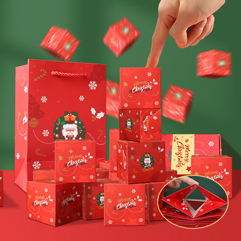Red Christmas-themed gift boxes with a hand reaching in to open one, on a green and red background.