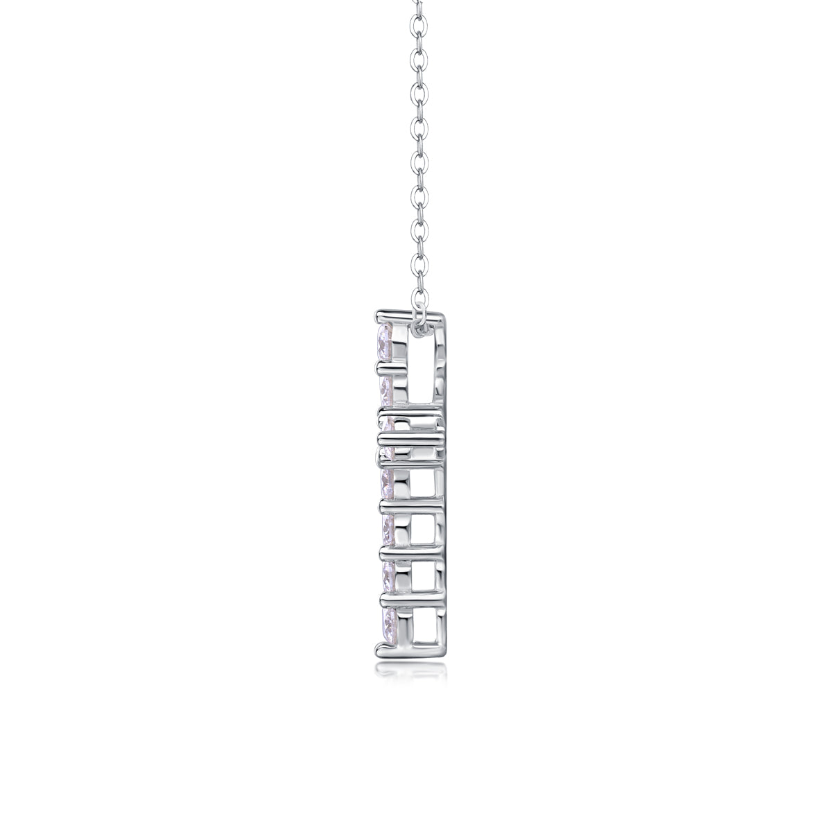 Silver necklace with a geometric pendant on a white background