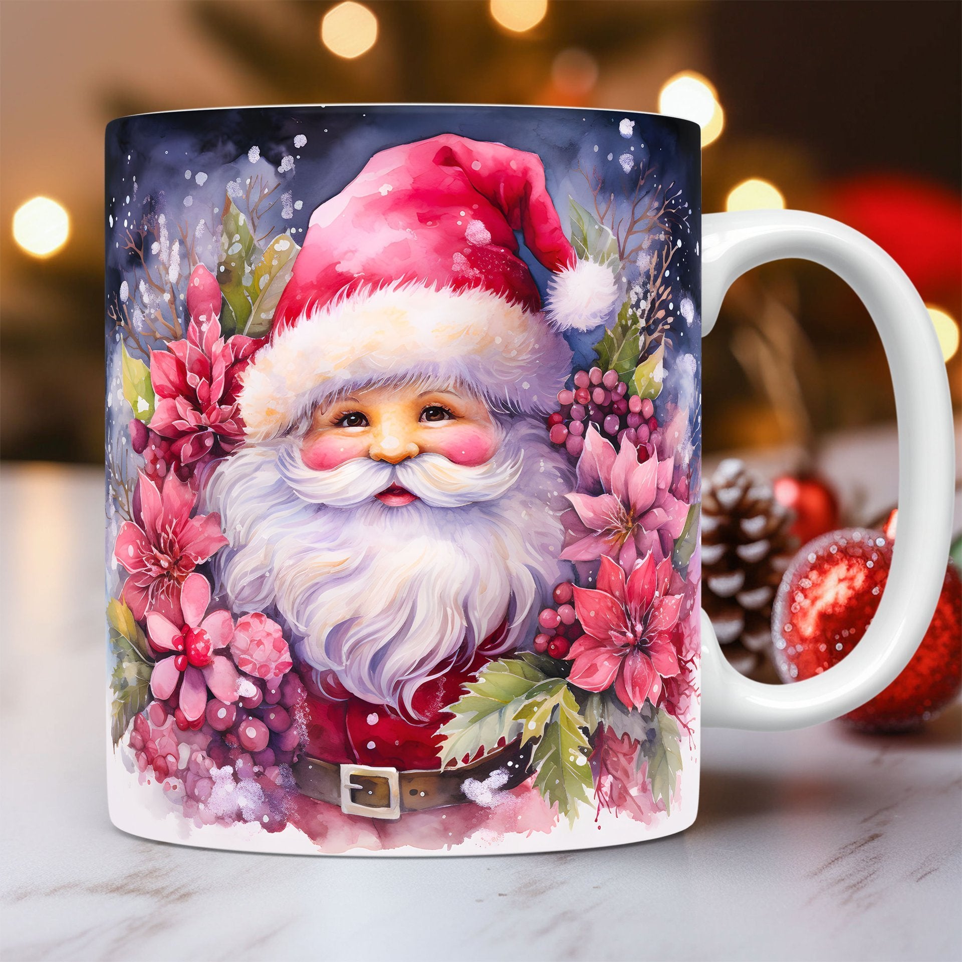 Mug with a festive design of Santa Claus surrounded by flowers on a blurred background