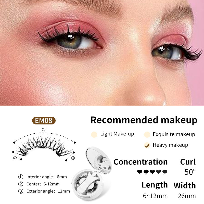 Eyelash with recommended makeup and product details on a pink background