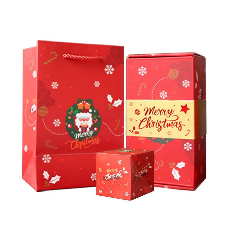 Premium collection of red and green Christmas surprise gift boxes and packaging bags, including small bounce boxes