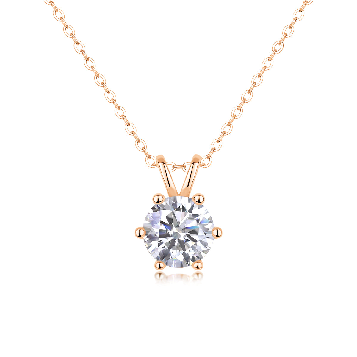 Rose gold necklace with a round diamond pendant on a white background