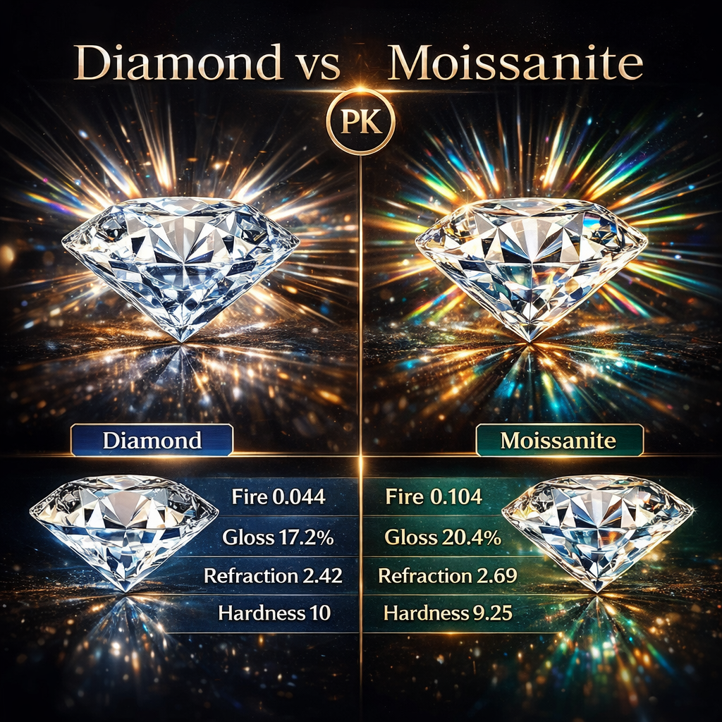 Comparison of diamond and moissanite with visual and statistical data.
